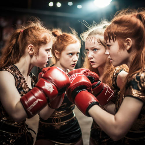 athletes in synchronized elegance dominate the industrial boxing arena with matching metallic fabrics