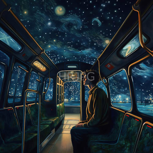 cosmic drift amidst urban transits shadowy interior and celestial reflections