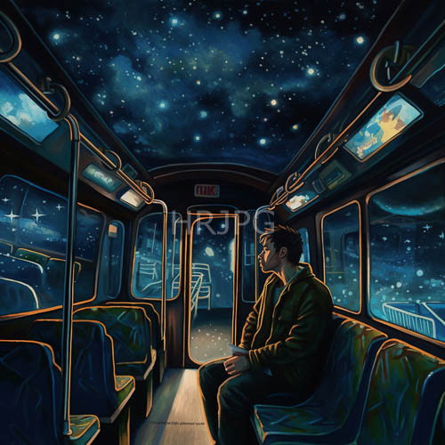 soft spun subway carriage amidst stardusted cosmic horizon in muted yellow glow