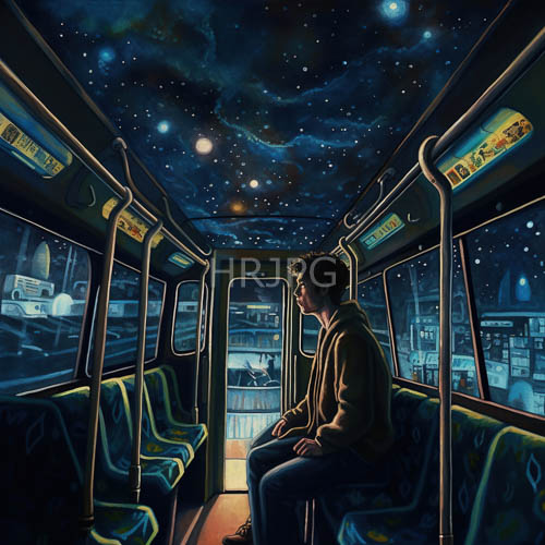 solitary traveler occupies worn greenpatterned bench in muted dimly lit transit cabin