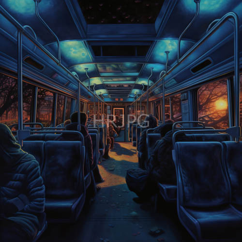 transit coach interiors confront urban melancholy amidst fading orange horizons