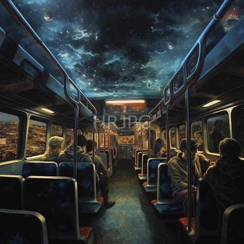 tranquil midnight transit bus journey beneath a sprawling vast cosmic celestial sky