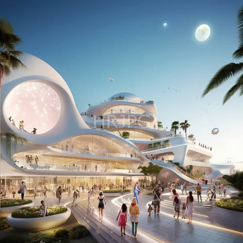 organic curves rise in sunset hues of pristine white architecture