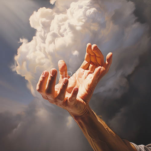 human hand reaches for celestial landscape with billowy clouds and stormy sky