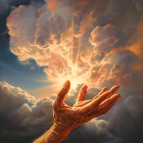 amberhued clouds unfurl to reveal human form elevated through celestial aperture