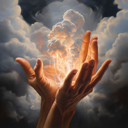 High Resolution: Cloud-Like vapors entwined with anatomically precise hands in celestial tension download. | HRJPG.com