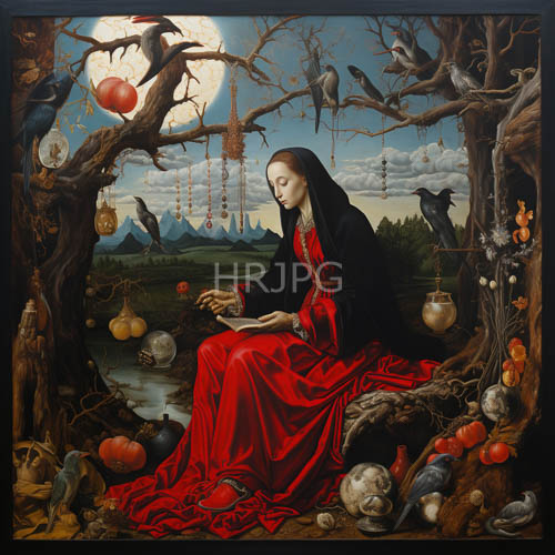 mary magdalenes contemplative posture amidst skeletal trees under moonlit canvas