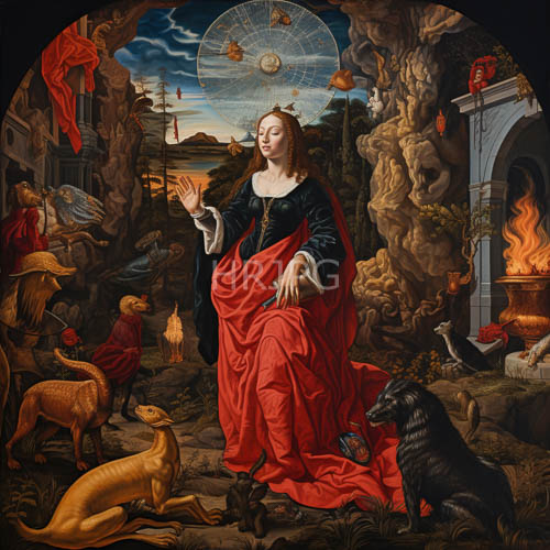ultramarine and vermilion folds drape across a figure in a cloudstreaked renaissance landscape