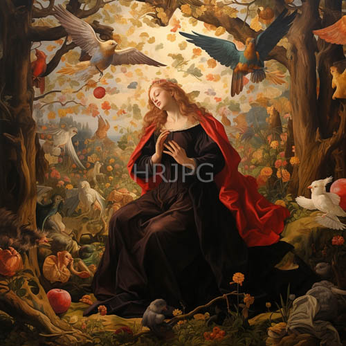 marys contemplative devotion amidst autumnal foliage in a sequestered woodland sanctuary