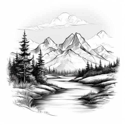 High Resolution: Granite summits pierce expansive sky amidst textured pine trees and a calm river download. | HRJPG.com
