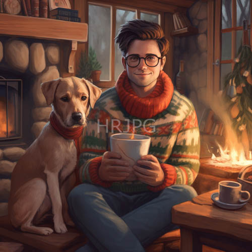 rustic log cabin with orange green patterned sweater