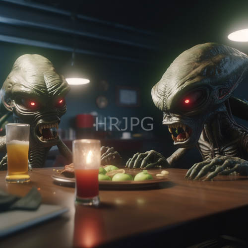 High Resolution: Extraterrestrial Beings Command OliveKitchen Environment with Leathery Wrinkled Skin and Crimson Eyes download. | HRJPG.com
