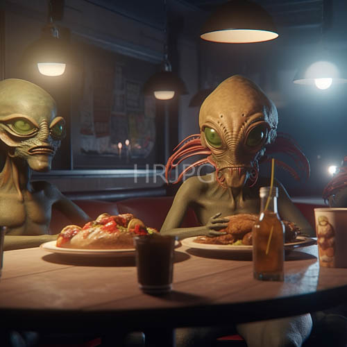 amber lighting filters through retro diner atmosphere with aliens engaged in late night feast