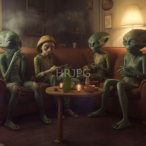 emeraldskinned figures gather in quiet communion on plush orange sofa amidst rustic interior