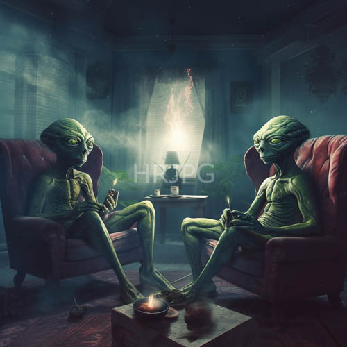 High Resolution: Extraterrestrial Figures Lounge in Dimly Lit Chamber Under Celestial Light download. | HRJPG.com