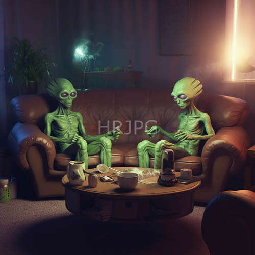 extraterrestrial beings lounge in sequestered dimly lit living room environment