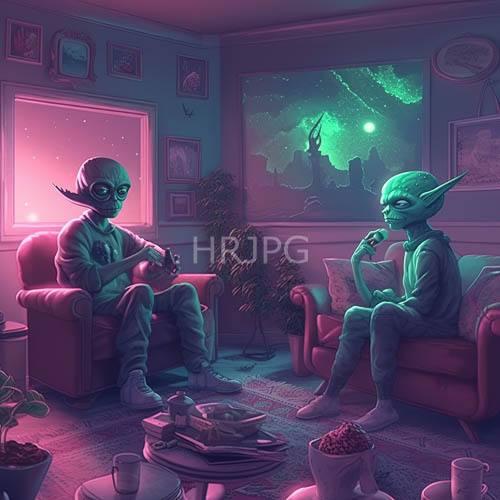 extraterrestrial figures amidst neon magenta and deep violet tranquility in suburban interstellar landscape