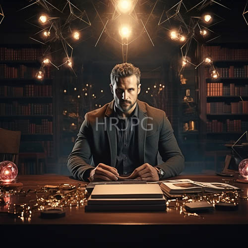 High Resolution: Tangled String Lights Cast Cinematic Glow Across Scholarly Workspace Dominated by Muscular Figure download. | HRJPG.com