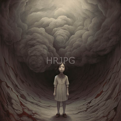 solitary figure anchored against muted atmospheric horizons with raven tresses