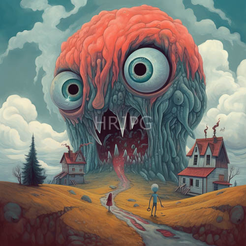 monstrous titan dominates quaint valley landscape with unsettling crimson cranium