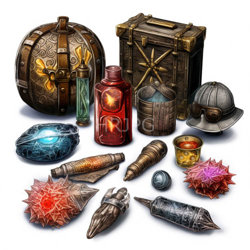 ancient wooden chest anchors a tapestry of intricate glass and crystal artifacts in an earthy setting under ambient light