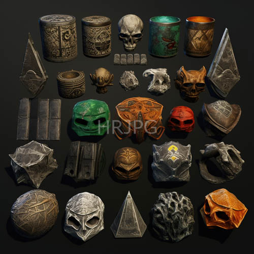 ancient vessel collection amidst obsidian backdrop in dappled dim light
