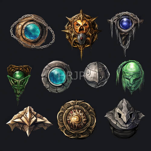 fantasy adornments emerge from void of absolute darkness with metallurgical craftsmanship and ethereal luminescence