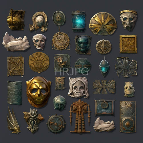 fantasy relics displayed against charcoalhued backgrounds amidst intricate metalwork