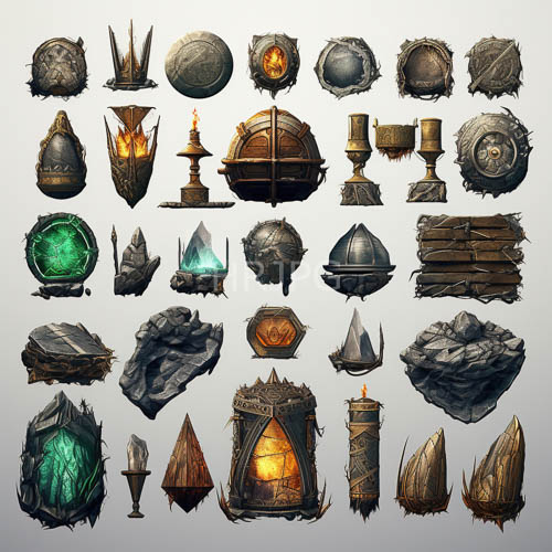 forged armor pieces and mystical artifacts in muted light gray canvas composition