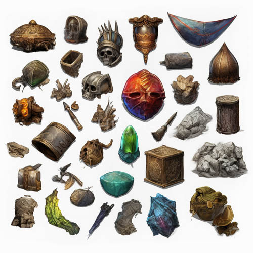 medieval fantasy relics with weathered textures and metallic color palette on pristine white expanse