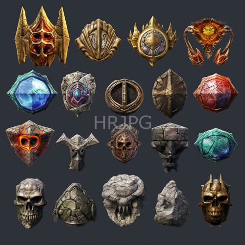 fantasy artifacts in charcoal backdrop with lustrous gold and deep crimson accents