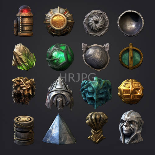 fantasy artifacts emerge from charcoaltoned void with deliberate luminescence and metal motifs