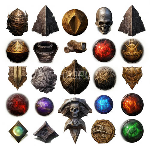 High Resolution: Fantasyinspired artifacts arranged in tripartite grid on minimalist backdrop download. | HRJPG.com