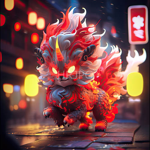 mystical creature sprints across city street under neon and foggy night lights