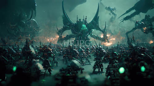troops engage steellined creatures in fog shrouded wartorn steampunk landscape with glowing green lights