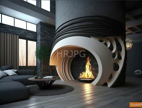 ceramic fireplaces dominate modern circular living spaces with gray textured walls