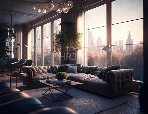 High Resolution: City Skyline Views Framed by LShaped Seating and Geometric Patterns at Sunset download. | HRJPG.com