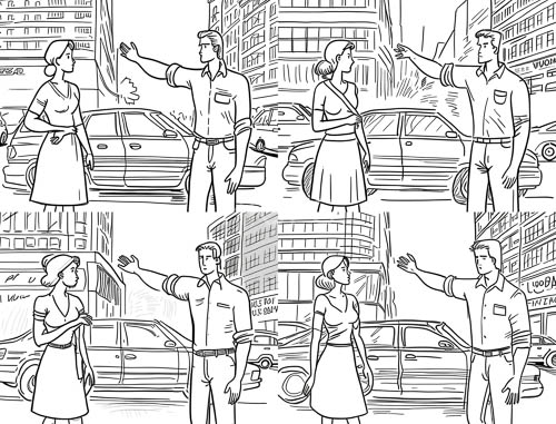 formal couples standing symmetrically in city street with urban background