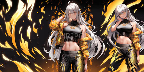 twin females in flamebacklit metallic outfits with scale patterns and glowing jewelry