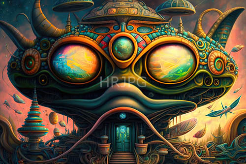 High Resolution: InsectEyed Giant Head Floats Against Cosmic Space Background with Metallic Textures download. | HRJPG.com