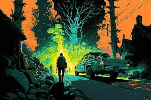man walks down rural road edge at night with rustic houses and utility poles amidst autumn foliage