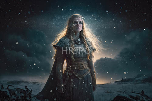 blondehaired women in fantasy armor and fur collars pose in frosty winter landscape amidst snowflakes and dark skies