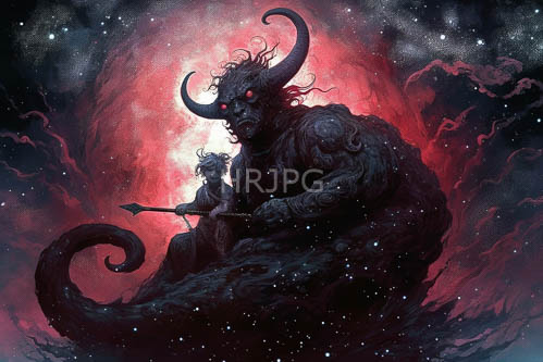 muscular demon creature with large horns and red eyes in misty cosmic environment
