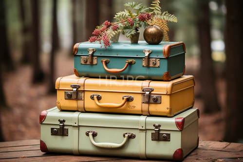time worn suitcases stacked on weathered wooden table amidst lush forest surroundings