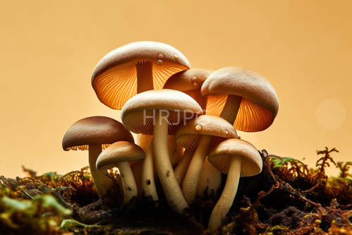 forest floor fungal diversity amidst mossy gradient orange background illumination