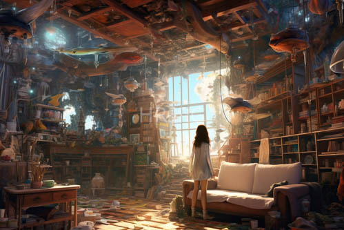 High Resolution: FantasyInspired Room Fills with Sunlight and Eclectic Design Elements Amid Cluttered Bookshelves download. | HRJPG.com