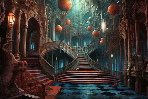 gothicinspired architecture with intricate railings and celestial light forms grand staircase backdrop