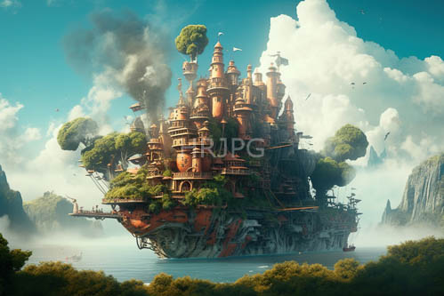 fantasy islands of copper pipes and cloudy skies amidst ancient ropework and steamship details
