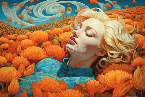 women lying down amongst orange chrysanthemums in a field of swirling skies and green leaves