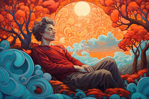 High Resolution: Graying men sit amidst orange trees and swirling cloud waves in a surreal fantasy landscape download. | HRJPG.com